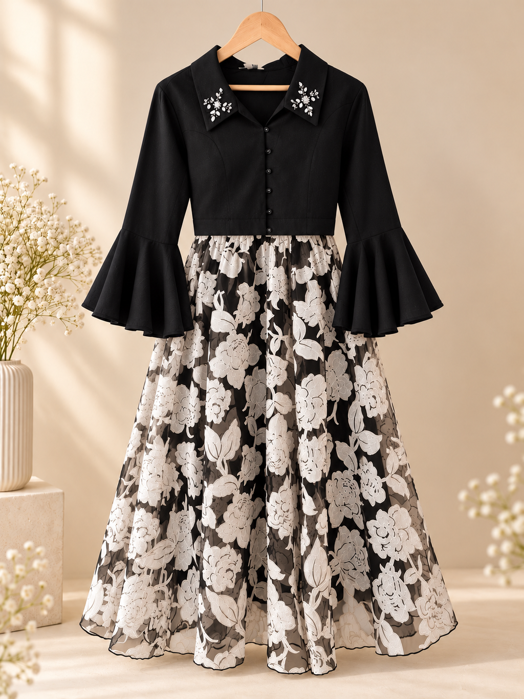 Midnight Bloom Blouse & Skirt Set