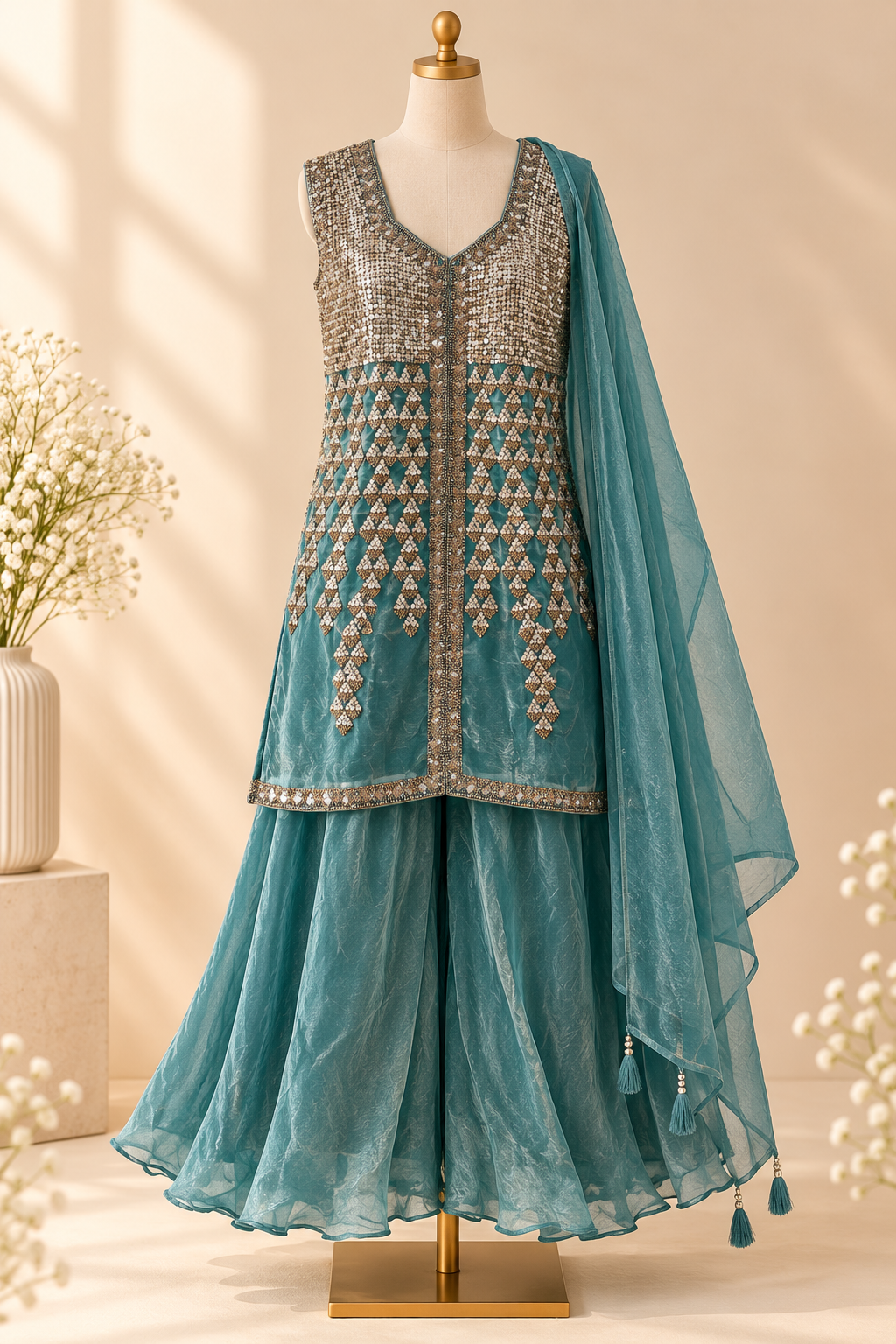 Teal Radiance Embellished Palazzo Set