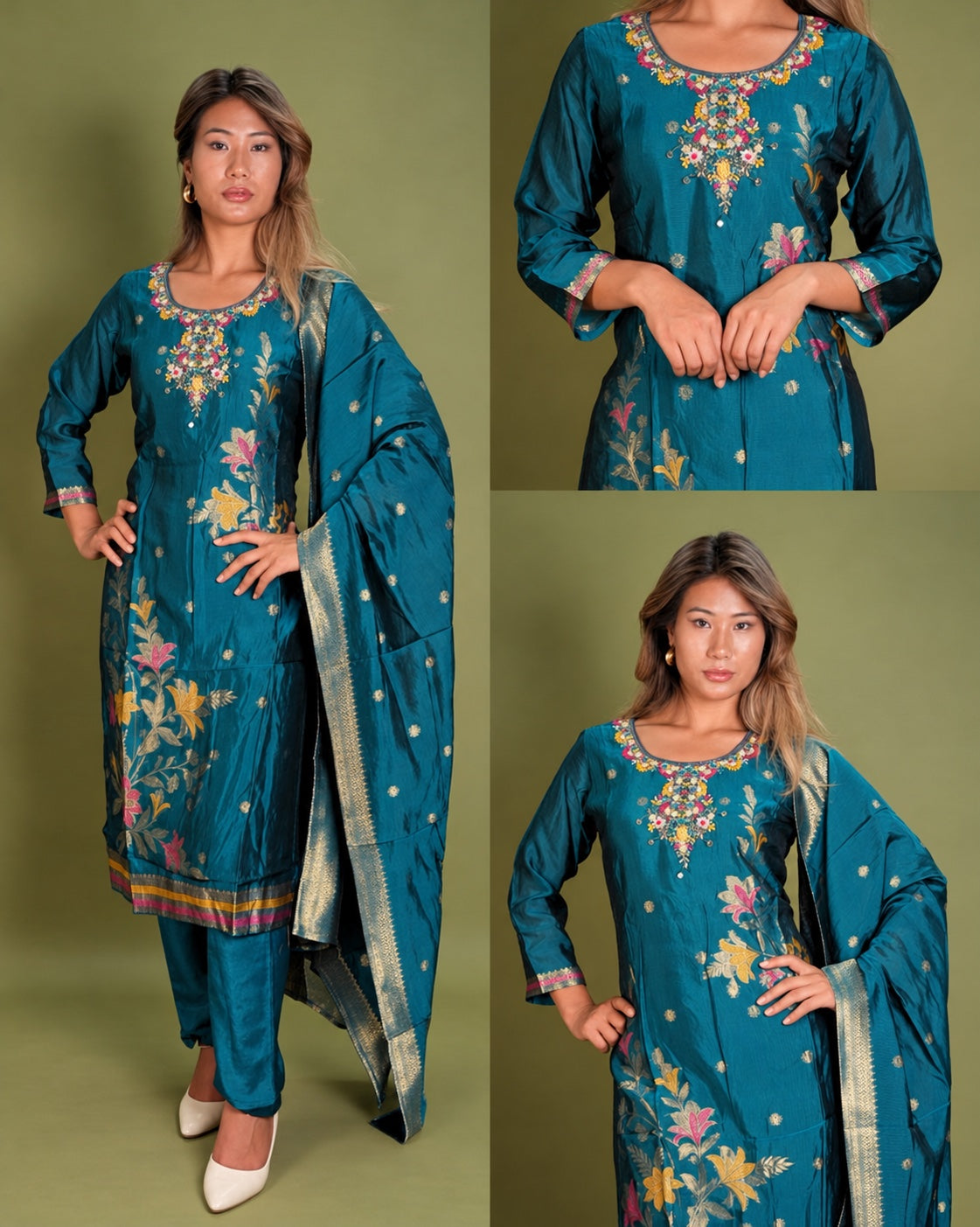 Teal Blossom Kurta Set