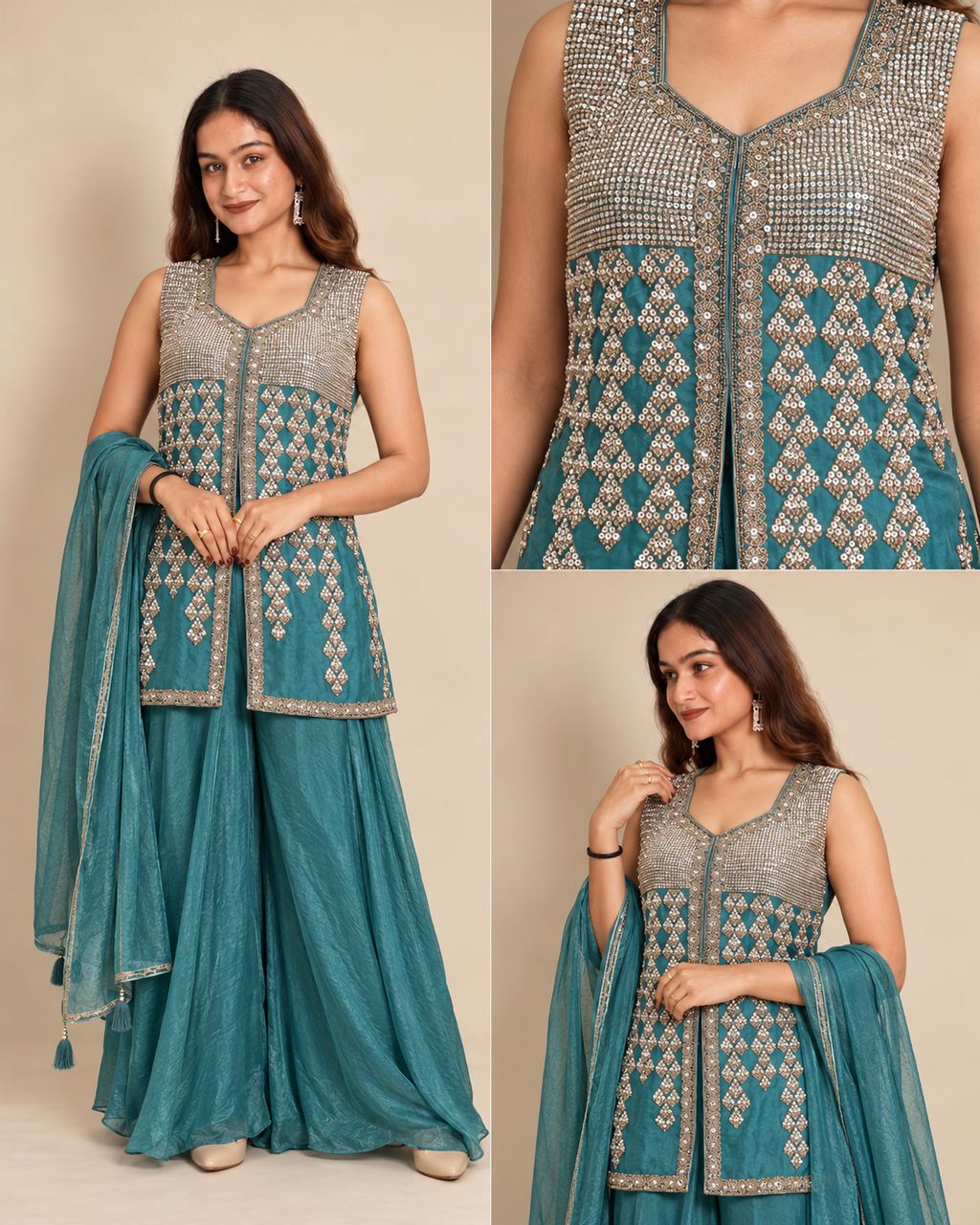 Teal Radiance Embellished Palazzo Set